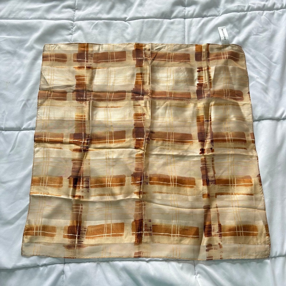 Vintage Jones New York 100% Silk Square Scarf Brown Abstract Plaid 21x21 Ornate